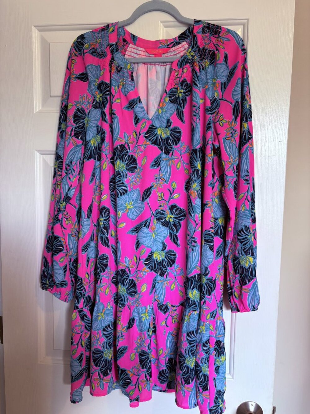 Lilly Pulitzer Lucee Long Sleeve Dress Hot Pink Isle Blooming for You Large